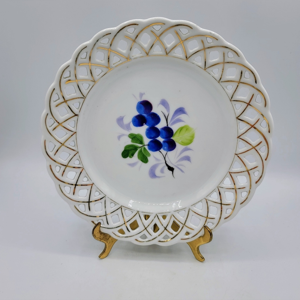 Vintage Germany Berry Plate with Gold Trim, Openwork Basket Weave Porcelain, 8"